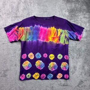 Vintage Details Womens S Purple Rainbow Tie Dye Rayon T-Shirt Oversized Pocket
